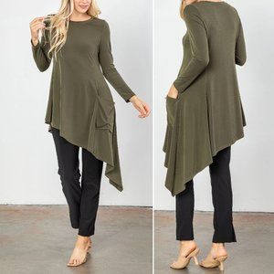 IC Collection Asymmetrical Hem TUNIC Top SZ XS Soft Knit Pocket Olive Green NEW